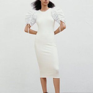NWT Zara White Ribbed Puff Sleeves Midi Dress Size S